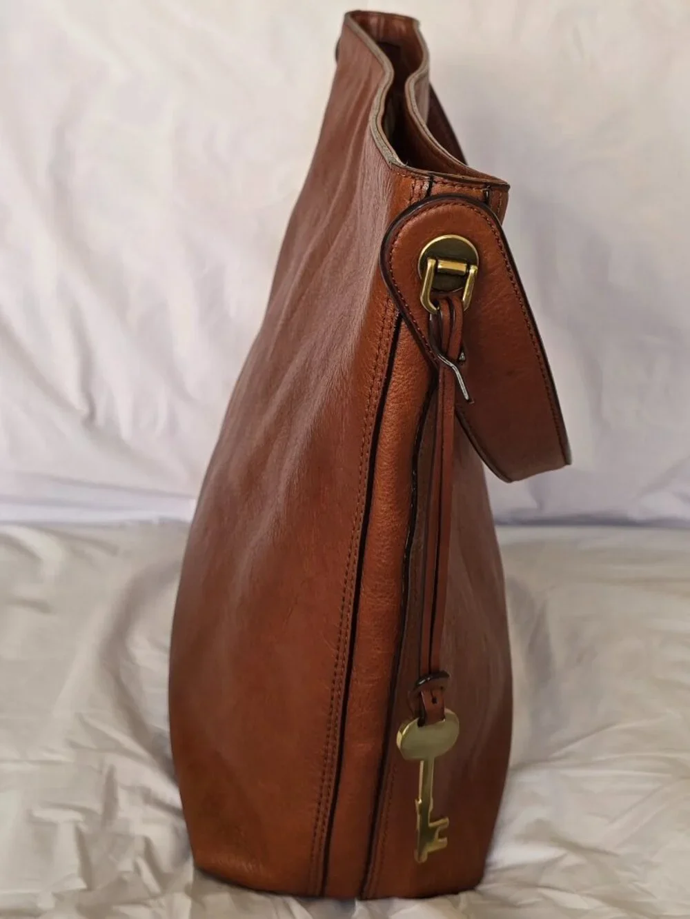 Fossil Maya Small Hobo Bag Cognac Brown Pebbled Leather Shoulder Purse